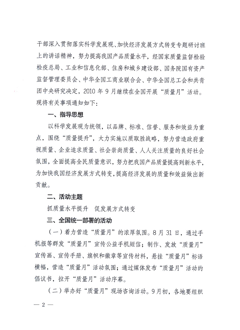 國家質量監(jiān)督檢驗檢疫總局、工業(yè)和信息化部、住房和城鄉(xiāng)建設部、國務院國有資產(chǎn)監(jiān)督管理委員會、中華全國工商業(yè)聯(lián)合會、中華全國總工會、共青團中央《關于開展2010年全國&ldquo;質量月&rdquo;活動的通知》