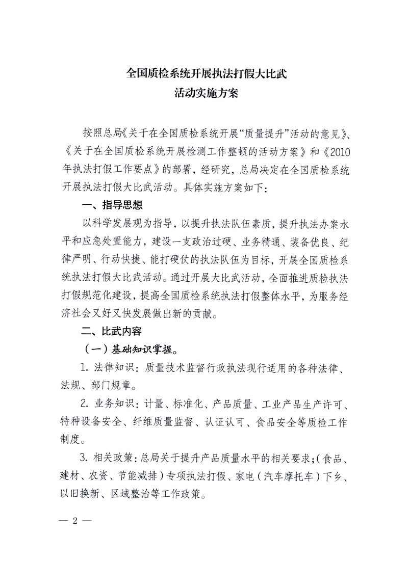 國(guó)家質(zhì)量監(jiān)督檢驗(yàn)檢疫總局《關(guān)于印發(fā)<全國(guó)質(zhì)檢系統(tǒng)開展執(zhí)法打假大比武活動(dòng)實(shí)施方案>的通知》